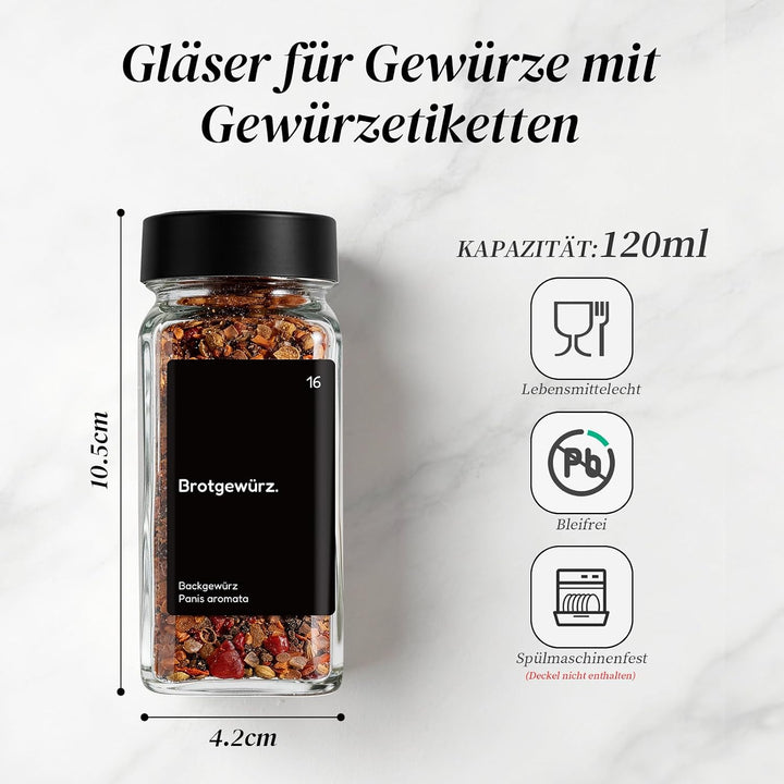 MHDCLY 24er Set Gewürzgläser mit Streueinsatz - 120ml Eckig Gewürzdosen Glas mit Deckel Schwarz - In