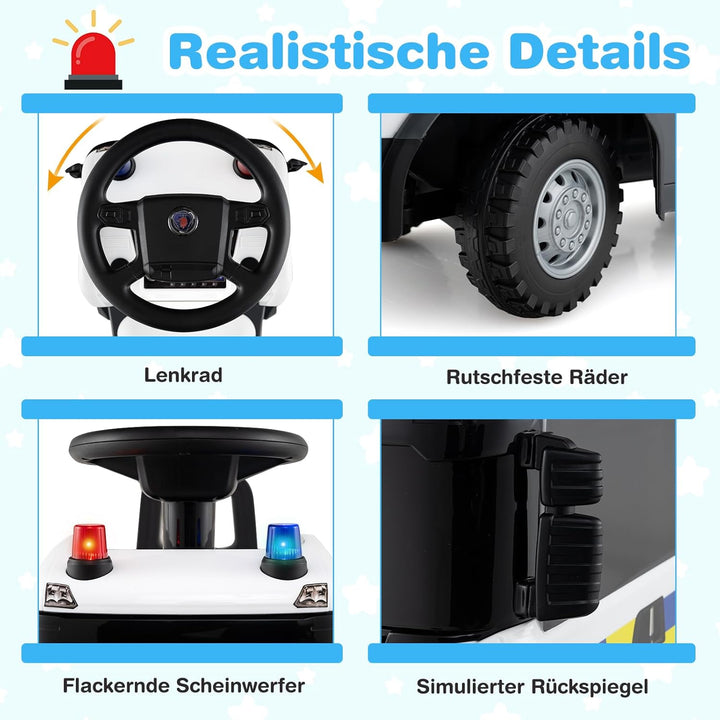 COSTWAY 2 in 1 Rutschauto, Polizeiauto mit Lenkrad, LED-Licht, Hupe & Musik, Rutscher Auto mit Staur