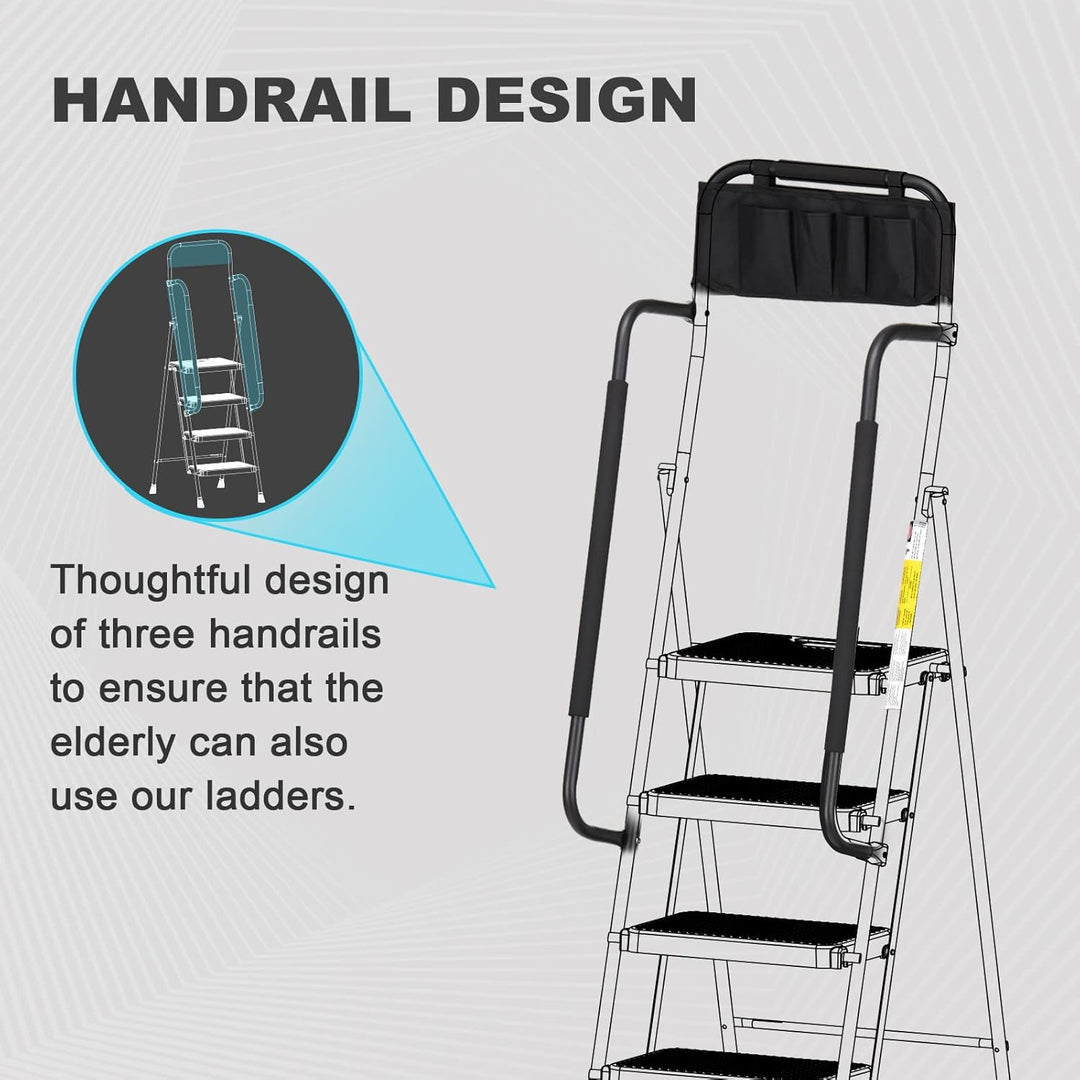 HBTower Leiter 4 Stufen, Trittleiter mit Handläufen, klappbarer Tritthocker mit ansteckbarer Werkzeu