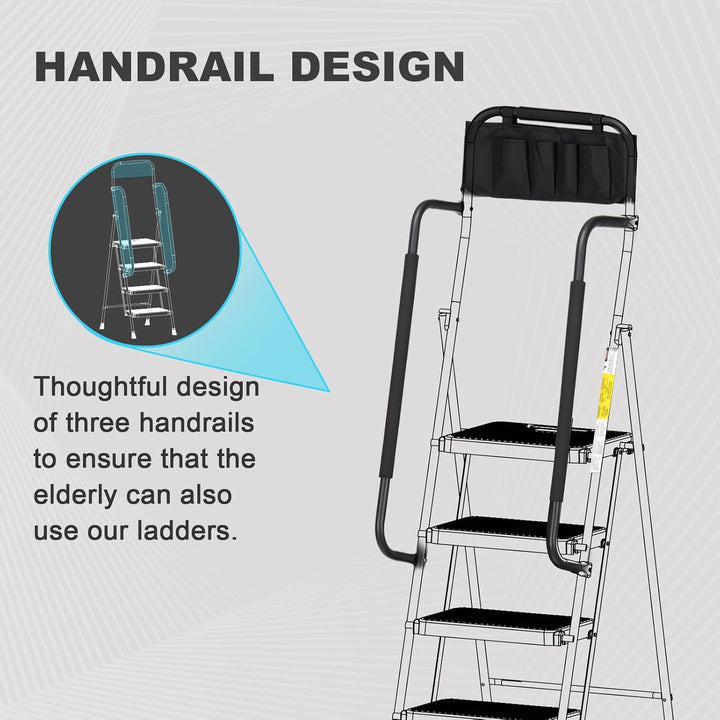 HBTower Leiter 4 Stufen, Trittleiter mit Handläufen, klappbarer Tritthocker mit ansteckbarer Werkzeu
