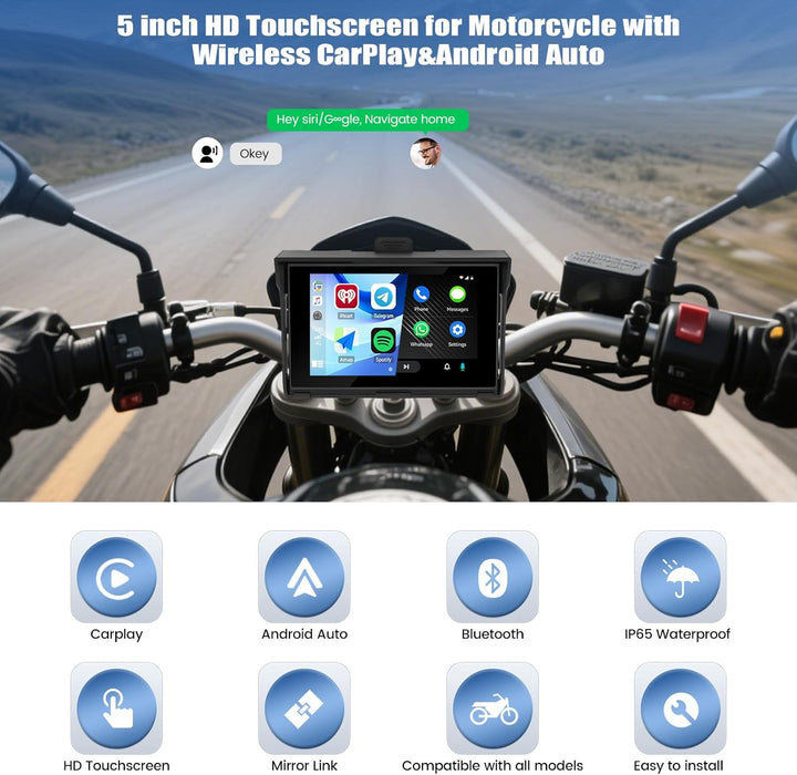 SIXWIN Carplay Motorrad Display für Moto mit Wireless Carplay Android Auto, 5 Zoll HD Touchscreen Bi