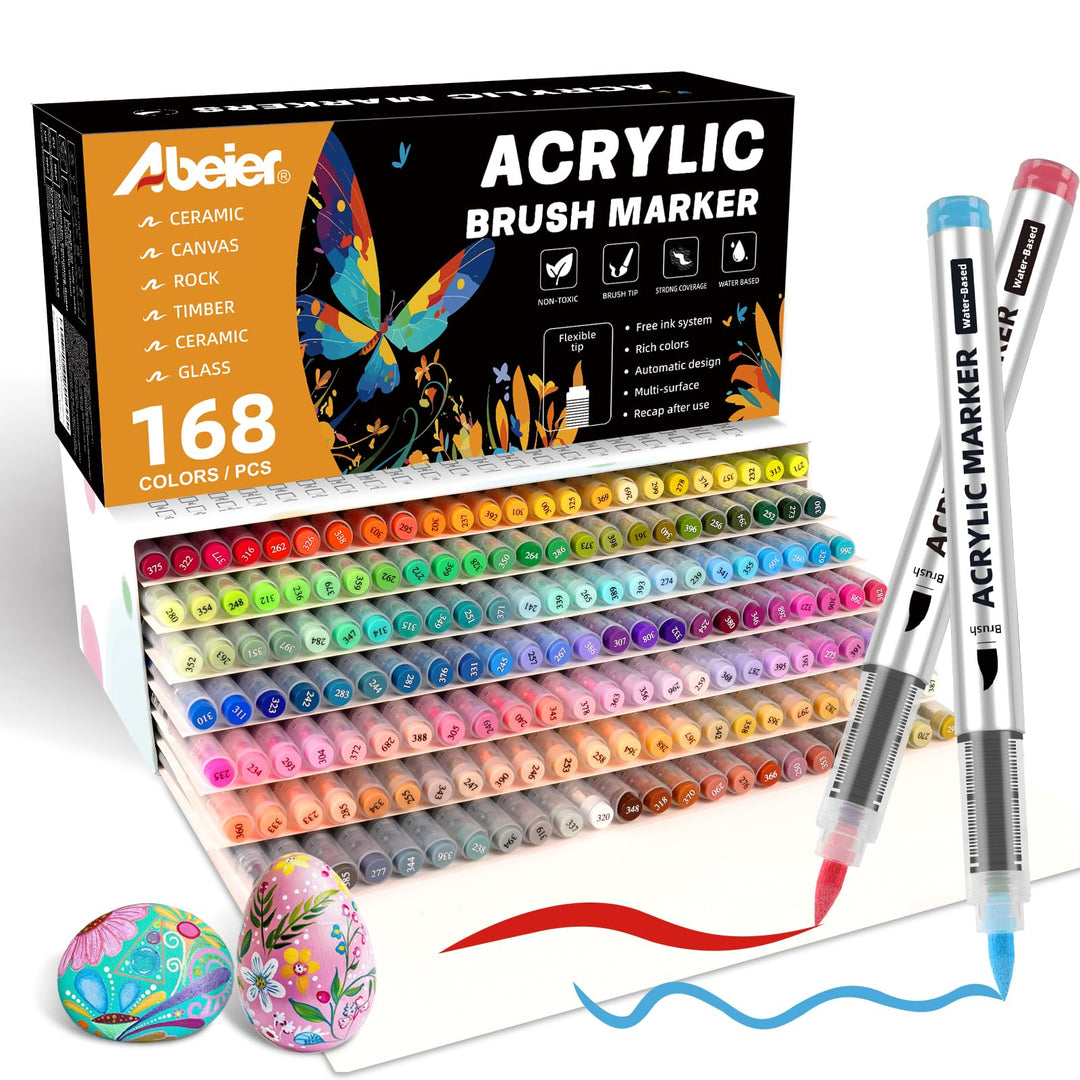 ABEIER 168 Farben Acrylstifte Set für Steine Wasserfest Brush Tip Acrylic Pens Set, Acrylmarker Schn