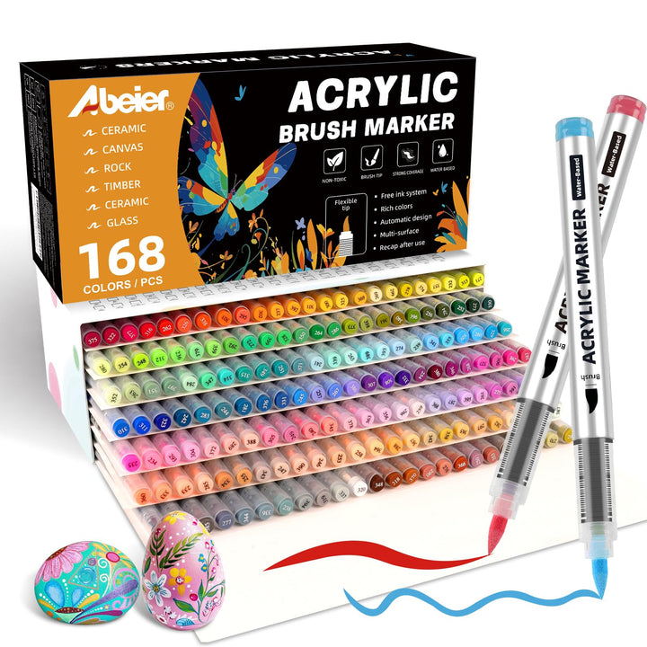 ABEIER 168 Farben Acrylstifte Set für Steine Wasserfest Brush Tip Acrylic Pens Set, Acrylmarker Schn
