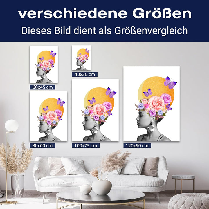 wandmotiv24 Leinwandbild Digital Art, 100x75cm, Hochformat, Frau, Blumen, Schmetterling, Deko, Bilde