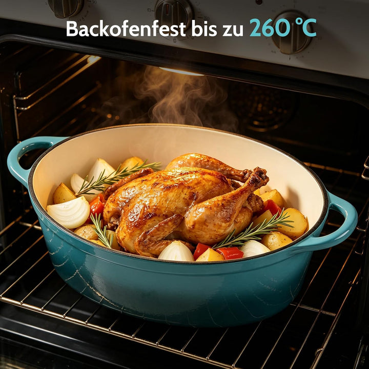 Gusseisen Bräter mit Deckel, Oval Gusseisen Topf 6.6L, Emaille Topf Gross Backofengeeignet, Schmorto