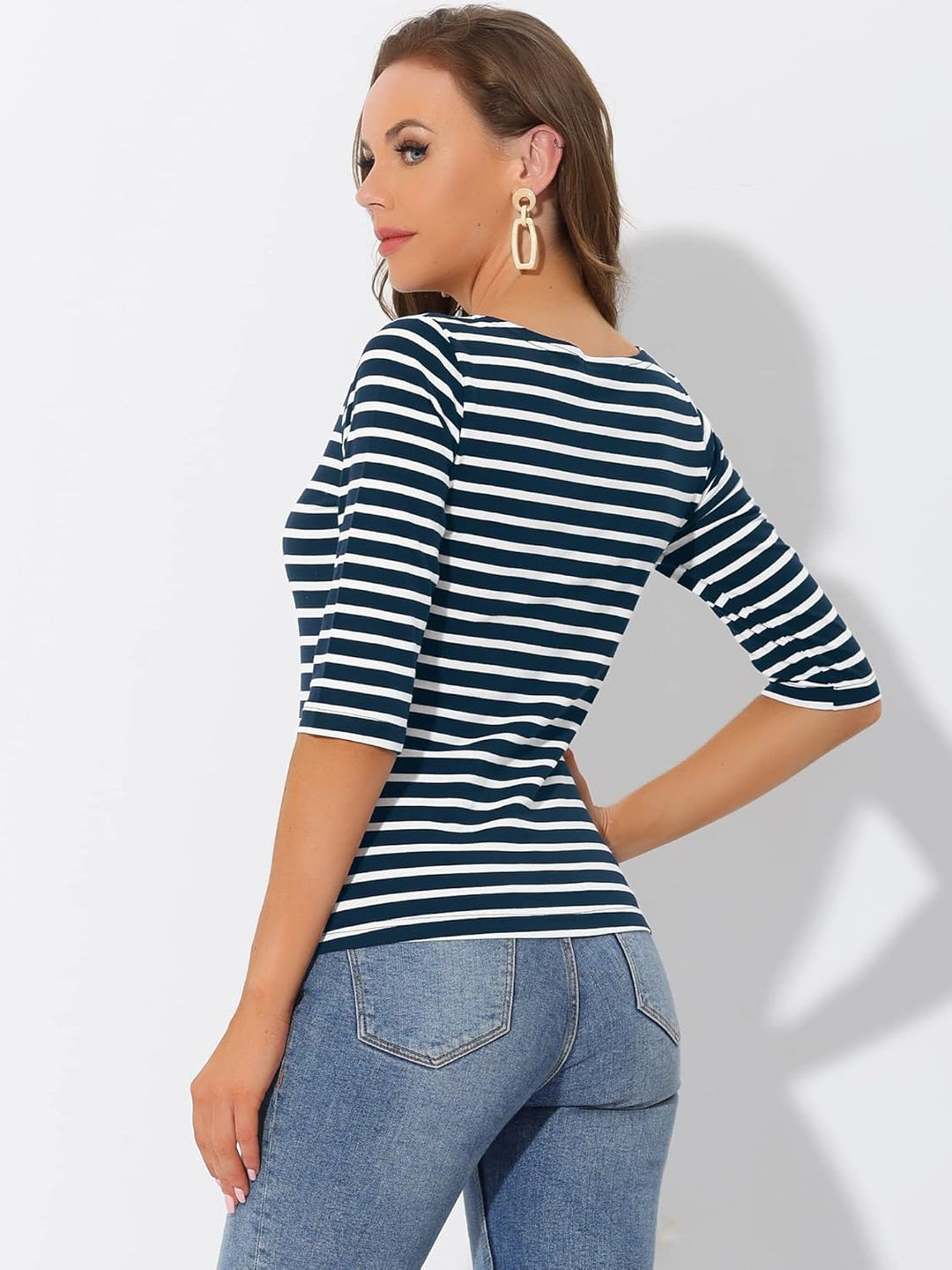 Allegra K Damen Gestreiftes Shirt U Boot Ausschnitt Halbarm Party Ferien Streifen Top Bluse S Dunkel