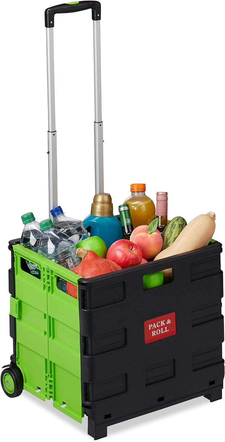 Relaxdays Einkaufstrolley klappbar, Teleskop-Griff, 2 Gummi Rollen, bis 35 kg, Shopping Trolley, Alu