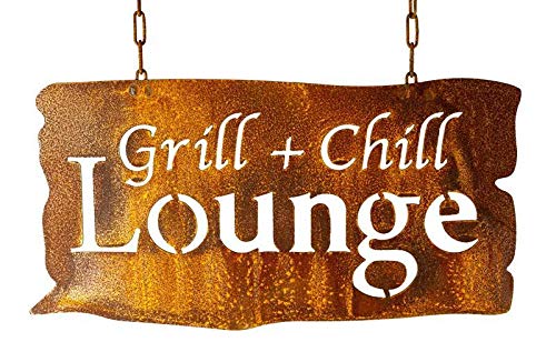 Manufaktur-Lichtbogen Rost Schild Grill und Chill 24 cm x 46 cm - Edelrost Gartenschild BBQ