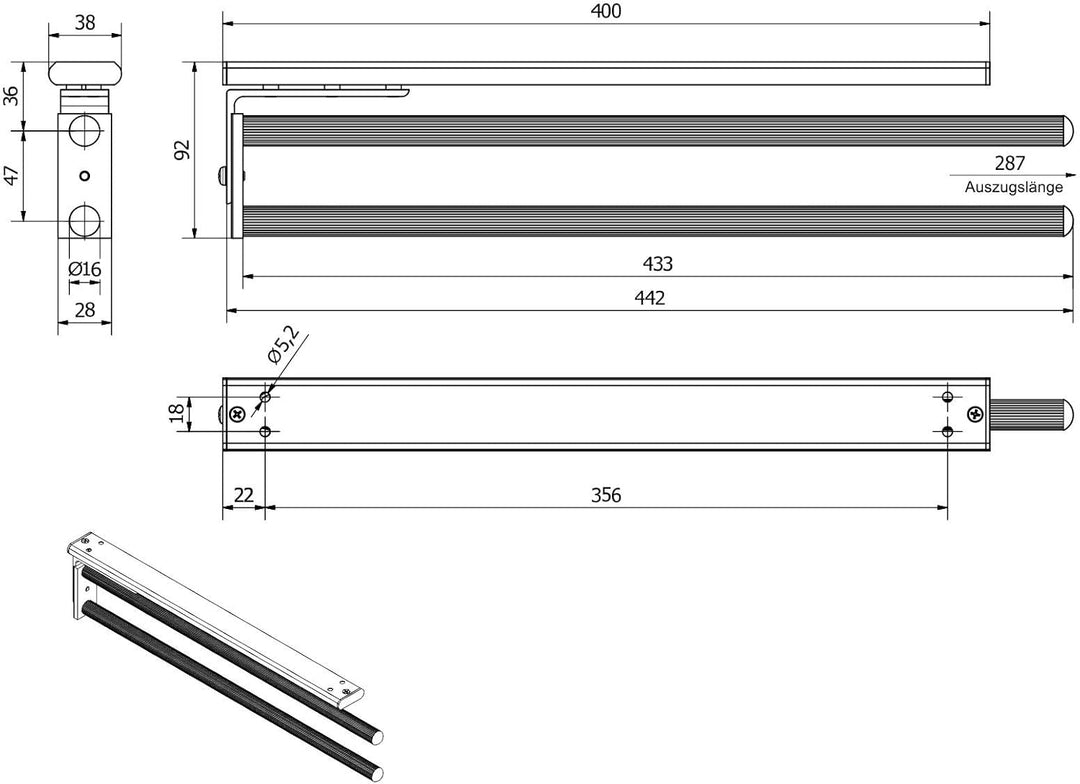 SOTECH Aluminium Handtuchhalter TED 2-armig Chrom poliert (450-730 mm, ausziehbar, drehbar) Teleskop