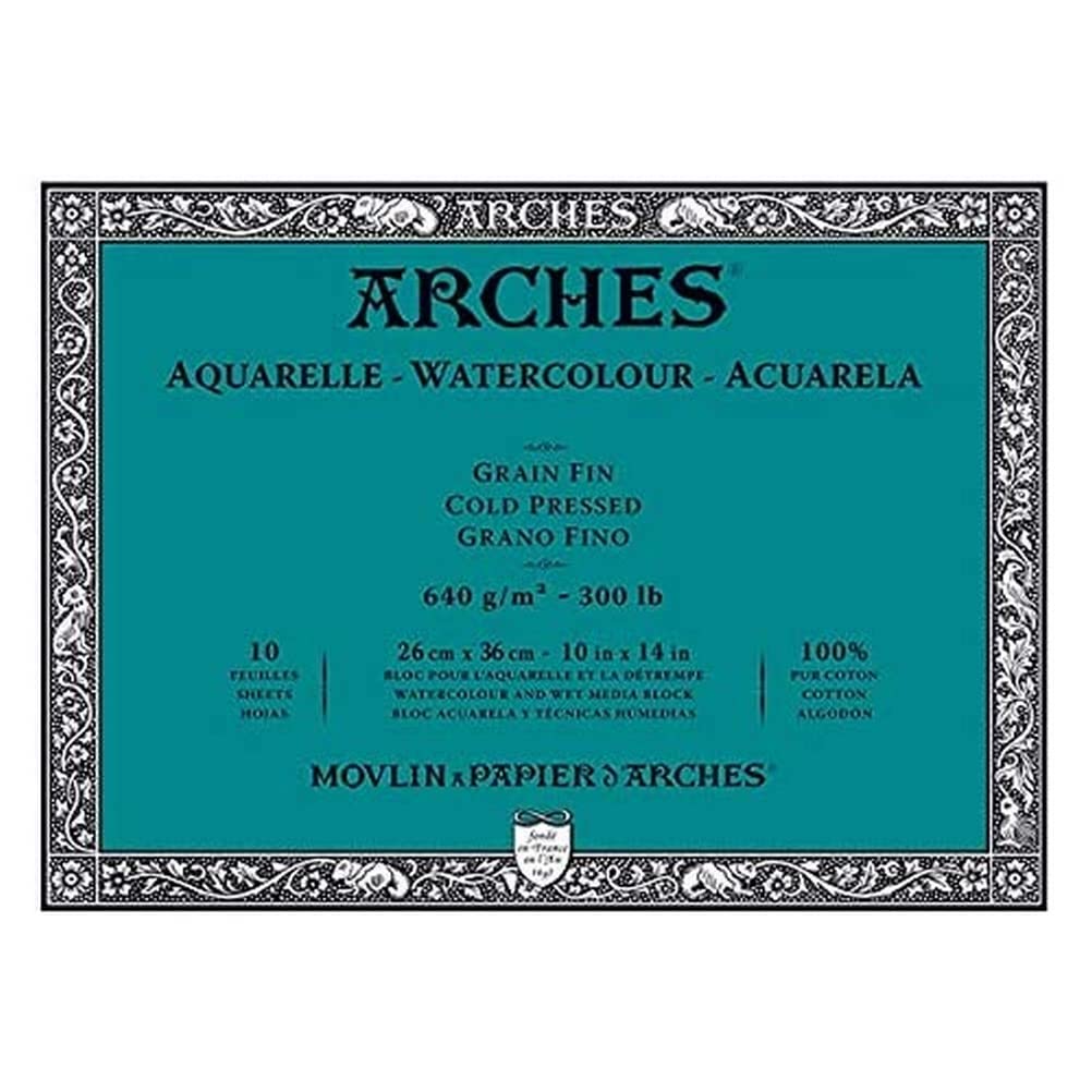 ARCHES Aquarelle – Block 10 Blatt 26 x 36 cm, 4 Seiten – 640 g/m² – Körnung, satiniert, Naturweiss,