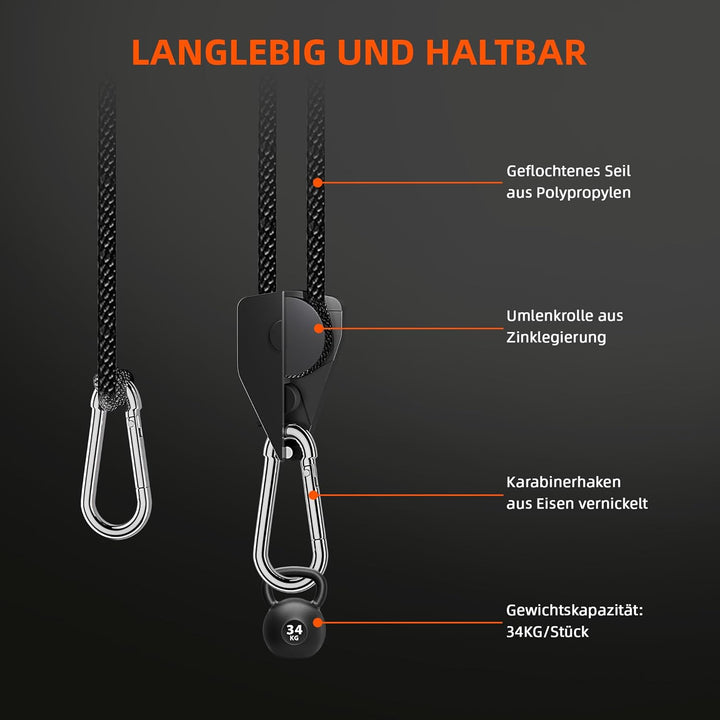 Spider Farmer 8 Stück Seilratsche mit Haken 68 KG Heavy Duty Einstellbare Ratchet Hanger für Pflanze