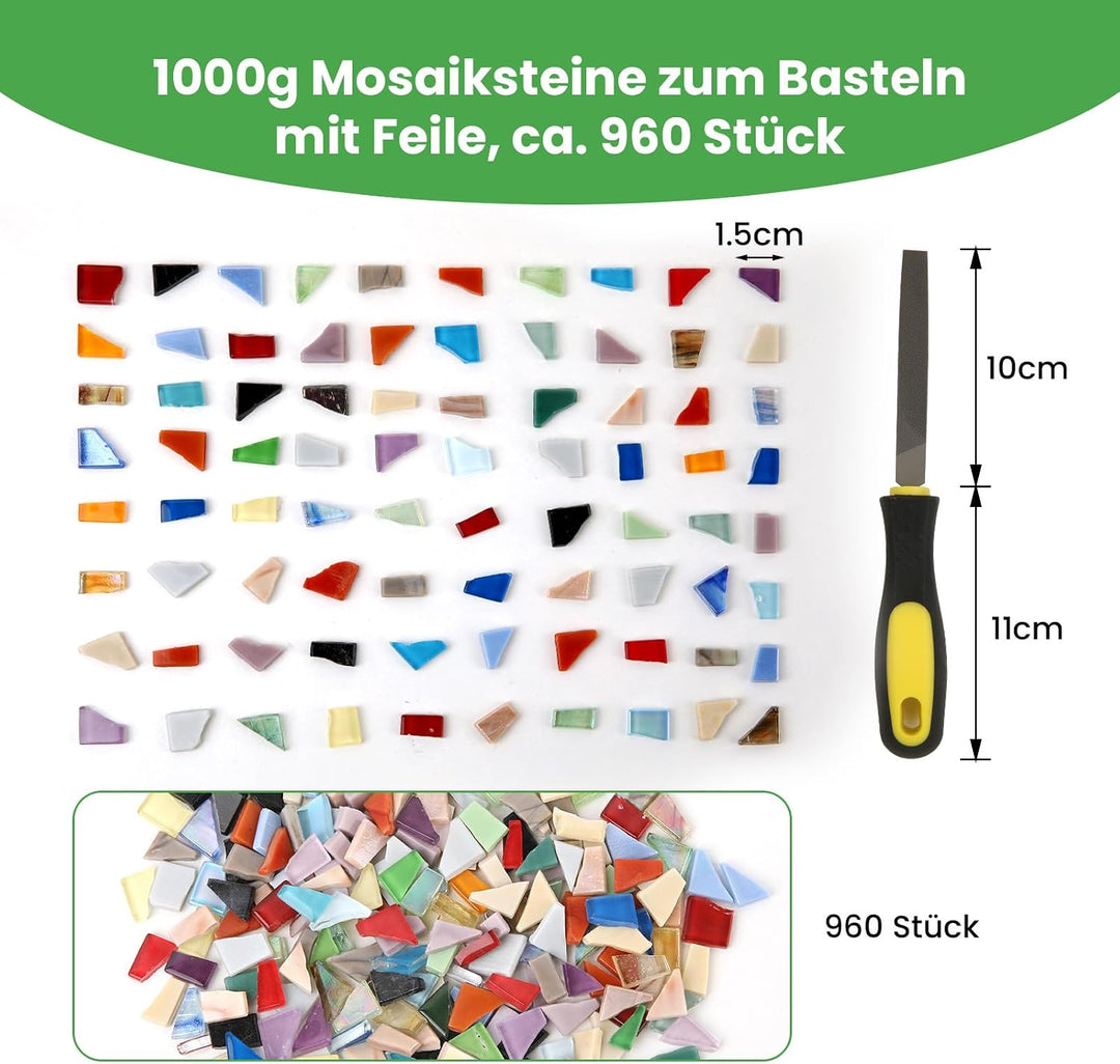 GEEKHOM 1kg Mosaiksteine zum Basteln, inkl. Feile - Mosaikfliesen Unregelmässig 0,5–1,5cm Regenbogen