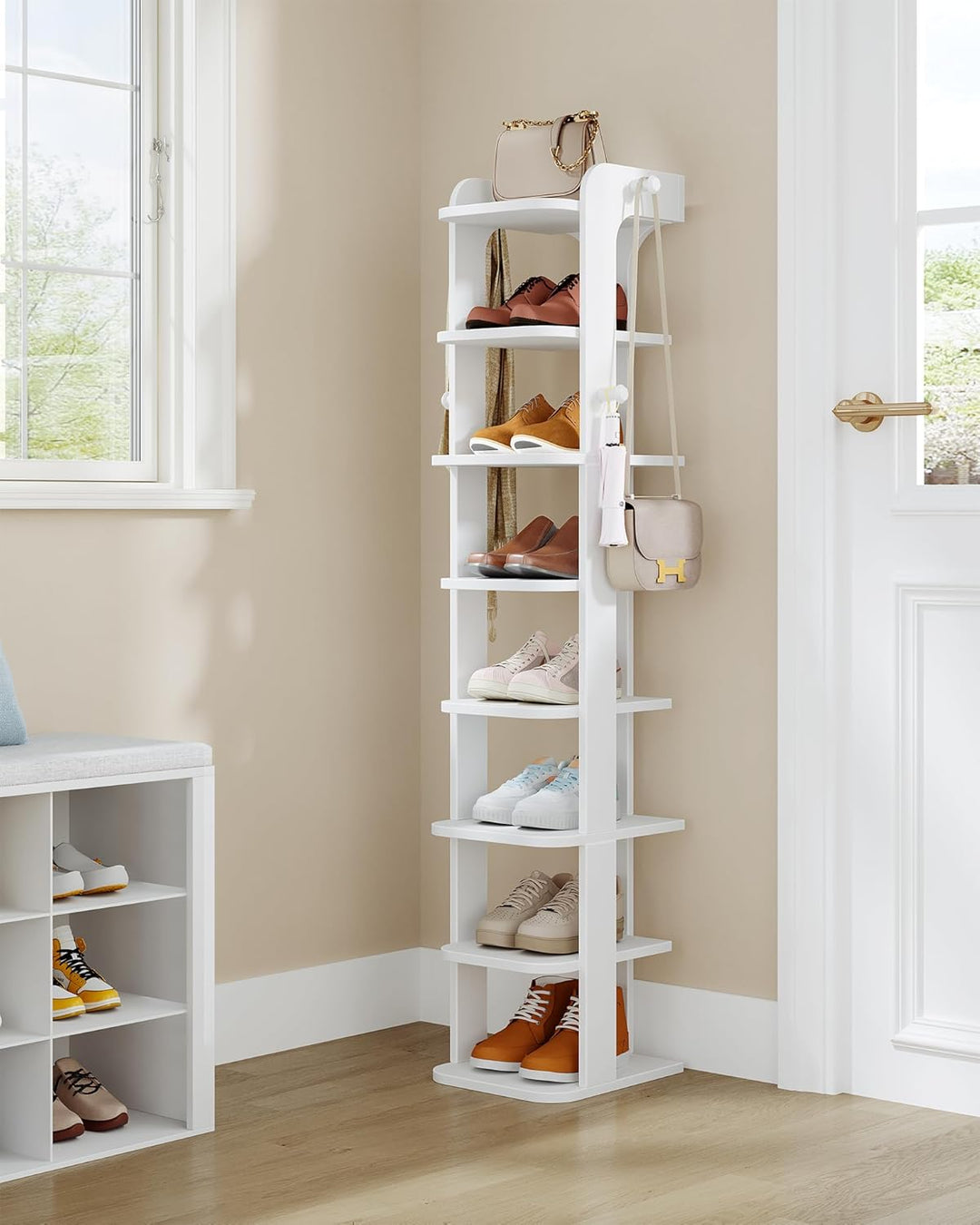 Hzuaneri Schuhregal, Schmales Schuhablage mit 8 Ebenen, Holz-Schuh-Organizer mit Haken, Verstellbar,