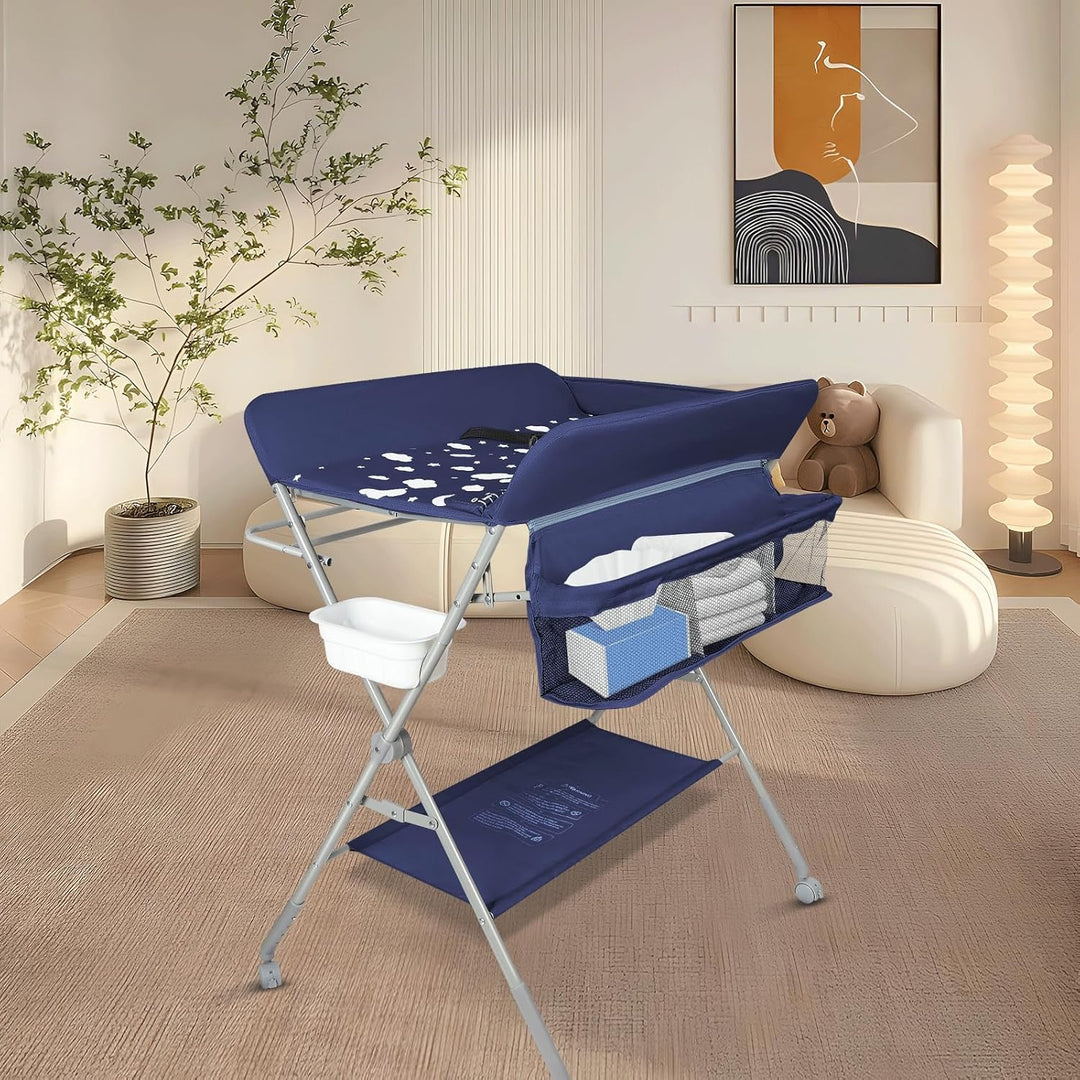 OHMG Baby Wickelkombi Klappbare Wickelkommode,Wickeltisch mit Rollen,Mobiler Wickeltisch mit Wickela