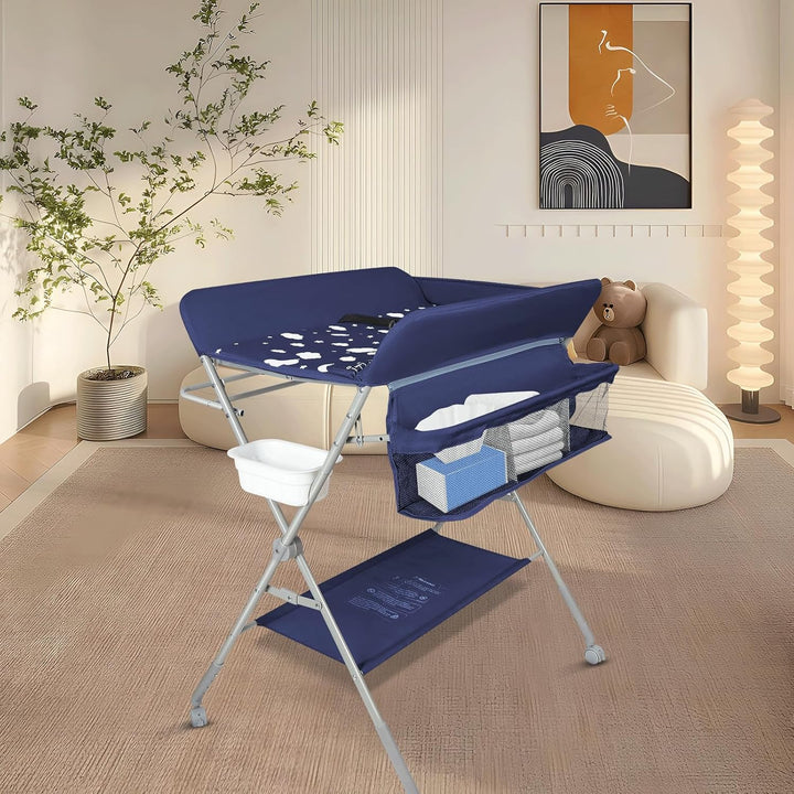 OHMG Baby Wickelkombi Klappbare Wickelkommode,Wickeltisch mit Rollen,Mobiler Wickeltisch mit Wickela