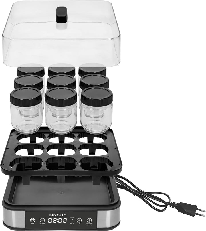 BROWIN® Joghurt-Maker mit Thermostat, Joghurtbereiter mit 1,6 l Fassungsvermögen, 9 Gläser, Weiss |