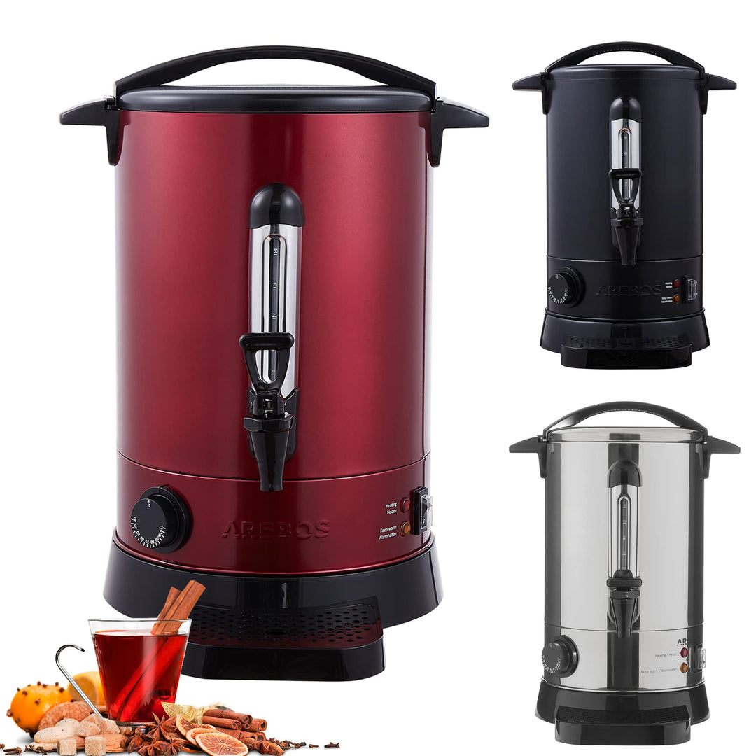 Arebos Glühweinkocher 950 W | Heissgetränkespender | 6,8 L | mit Auffangschale, Auslasshahn, Thermos