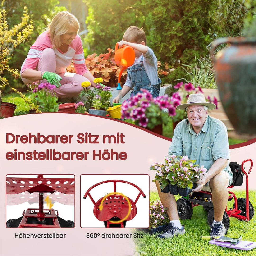 GOPLUS Rollsitz, Mobiler Gartensitz mit Griff, Höhenverstellbarer drehbarer Arbeitssitz mit Rückenle
