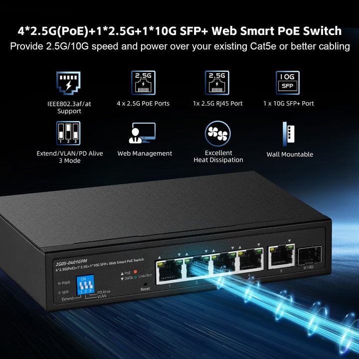 6-Port-2,5G-PoE-Managed-Switch, 10G-SFP+-Steckplatz, IEEE802.3af/at 100W, unterstützt Trunk/LACP/VLA