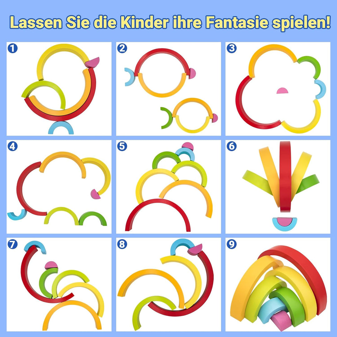 RunHero 3-in-1 Montessori Stapelspielzeug Holzbausteine Regenbogen Motorikspielzeug Grimms Bauklötze