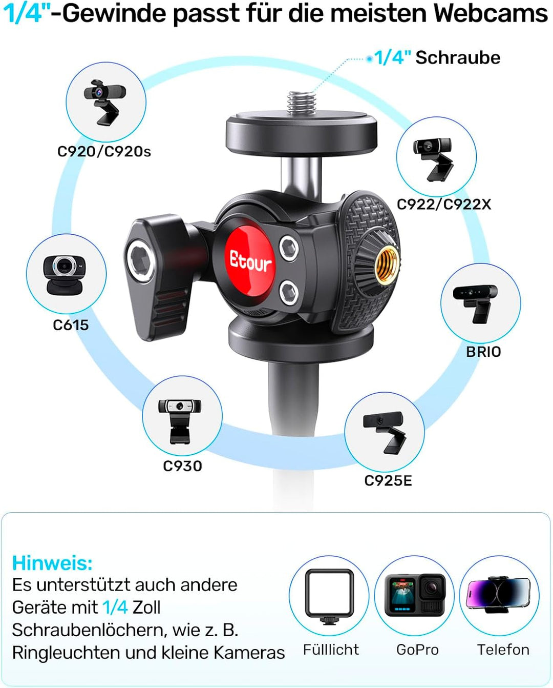 Webcam-Stativ für Schreibtisch, verbessertes Gänsehals-Webcam-Tripod & 360°-Drehkopf mit 1/4"-Gewind