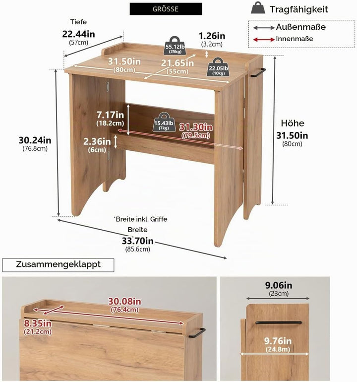 EMOOR Klappschreibtisch TATAMU Holzpaneelen (Eiche), Platzsparender Rechteckiger Tisch Ohne Montage