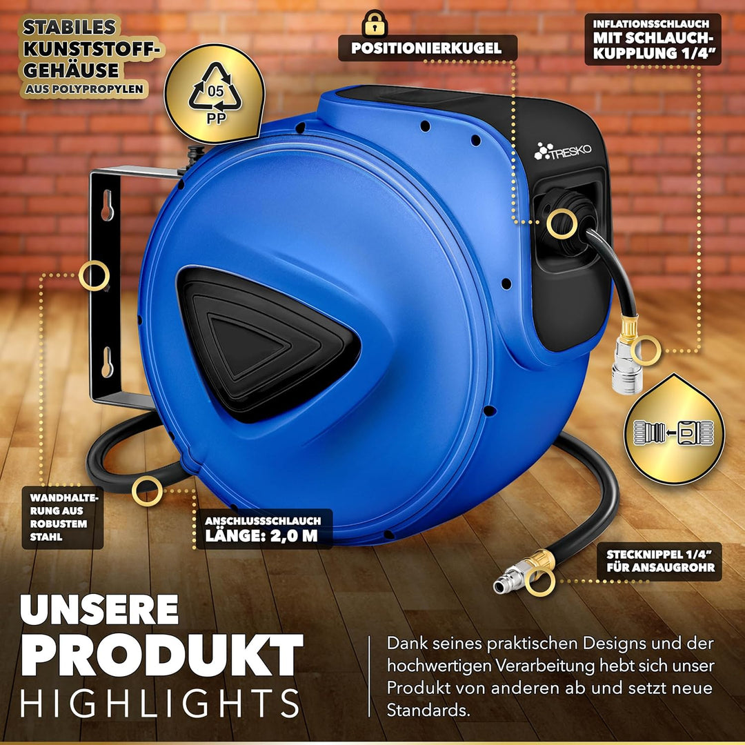 TRESKO® 15m Druckluftschlauch Aufroller automatisch 1/4" Anschluss | Schlauchtrommel Wandschlauchhal