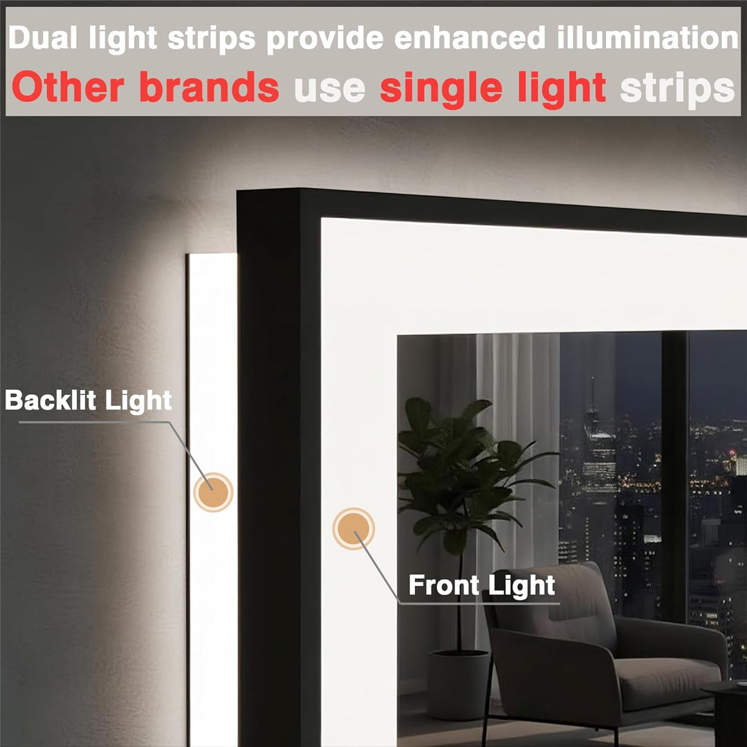 50x70cm Badspiegel mit Beleuchtung, Hartglas Badspiegel LED Antibeschlag, Schwarzer Aluminiumrahmen