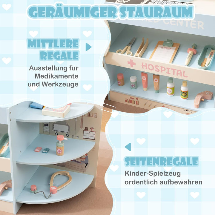 DREAMADE Arztspielset für Kinder, Krankenhaus aus Holz mit Sehtest, CT-Spielgerät & Röntgenapparat,