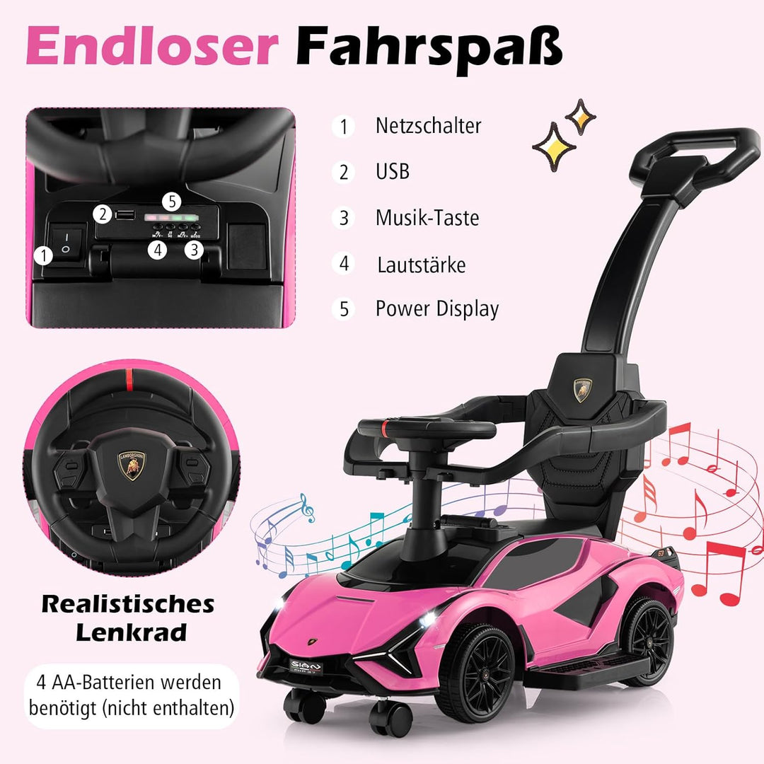DREAMADE 3-in-1 Rutschauto Lamborghini, Rutschfahrzeug mit Schiebestange, Musik, Lichter & Sicherhei
