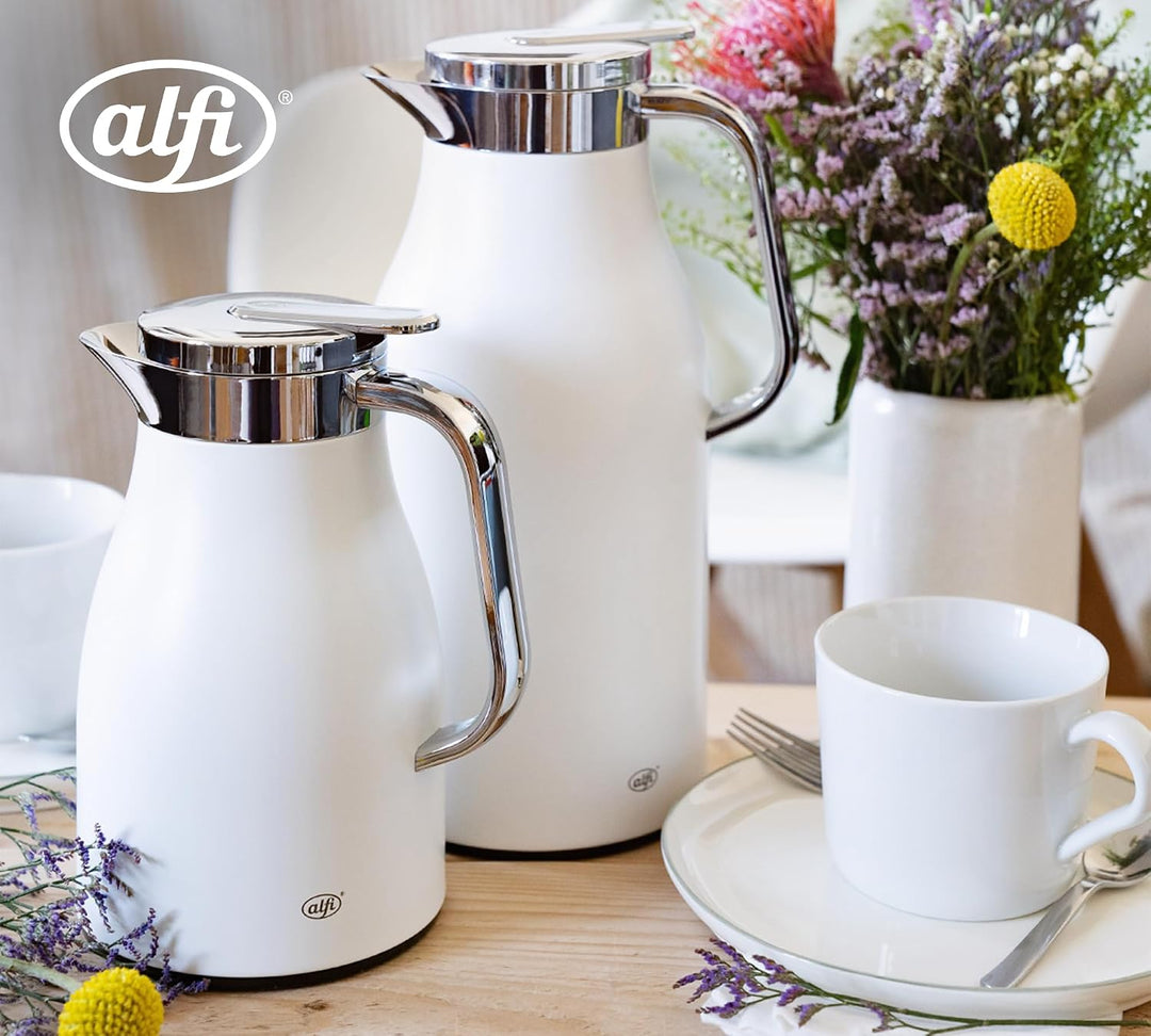 alfi SKYLINE 1,5l, coconut white mat, Edelstahl-Isolierkanne mit hygienischem Hartglaseinsatz, Drehv