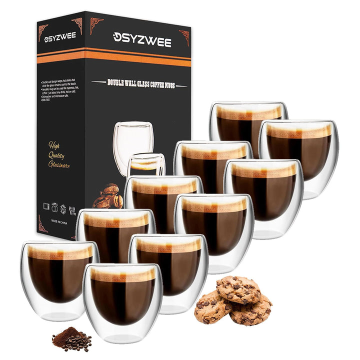 Espressotassen Glas 80 ml 10er Set, Doppelwandige Espressogläser aus Borosilikatglas, Thermo Kaffeeg