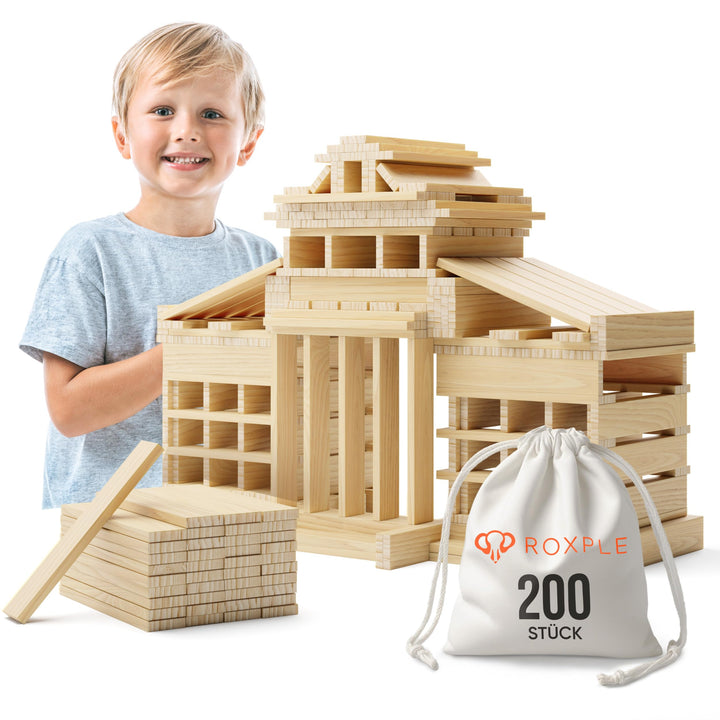 ROXPLE Holzbausteine Natur 2OO Stück, Montessori Spielzeug für Kinder ab 3 Jahren, Klötzchen zum Bas