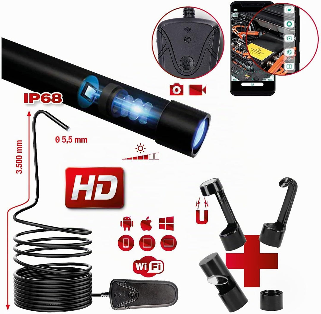 KS 551 Tools 550.756 Wi-Fi-Videoskop-Satz mit Ø 5,5 mm 0° HD Frontkamera-Sonde,