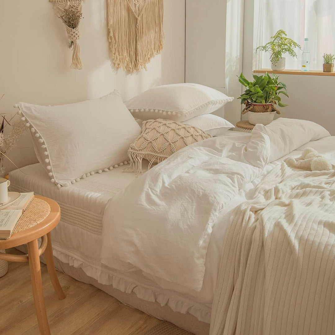 Freyamy Böhmen Bettwäsche 200x220cm 3teilig Weiss Pom Pom Boho Chic Bettwäsche Gewaschene Microfaser