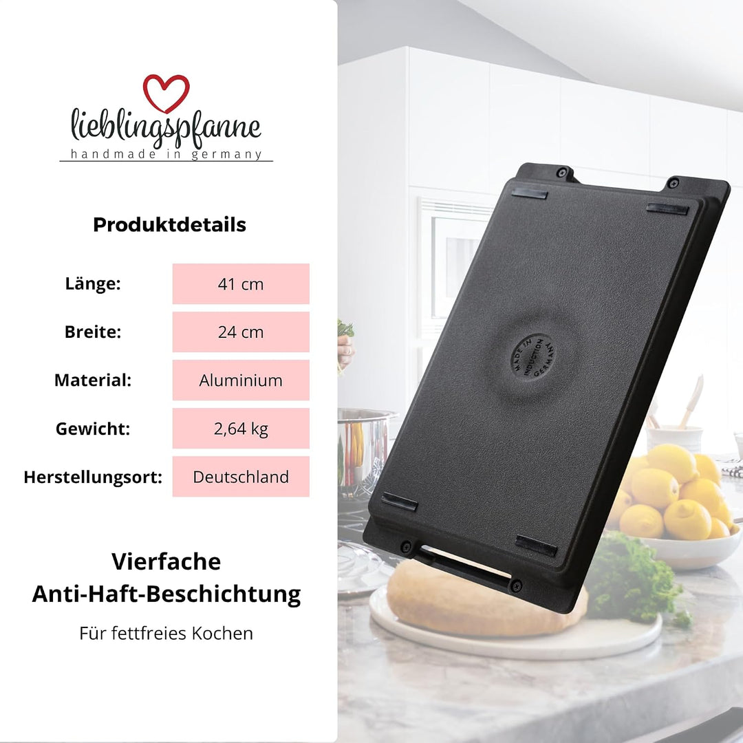Lieblingspfanne Teppanyaki Grillplatte 41x24 cm I mit Seitengriffen I glatte antihaftbeschichtete Pl