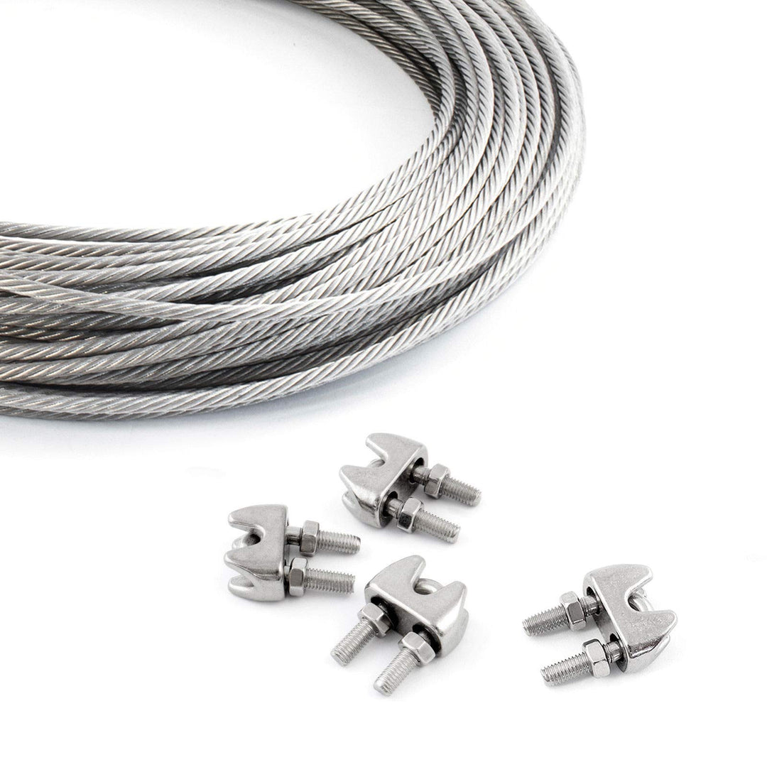 DQ-PP STAHLSEIL SET | 2mm | 100m | 4 x Seilklemmen Bügel 2mm | Edelstahl INOX | 7x19 weich | Drahtse