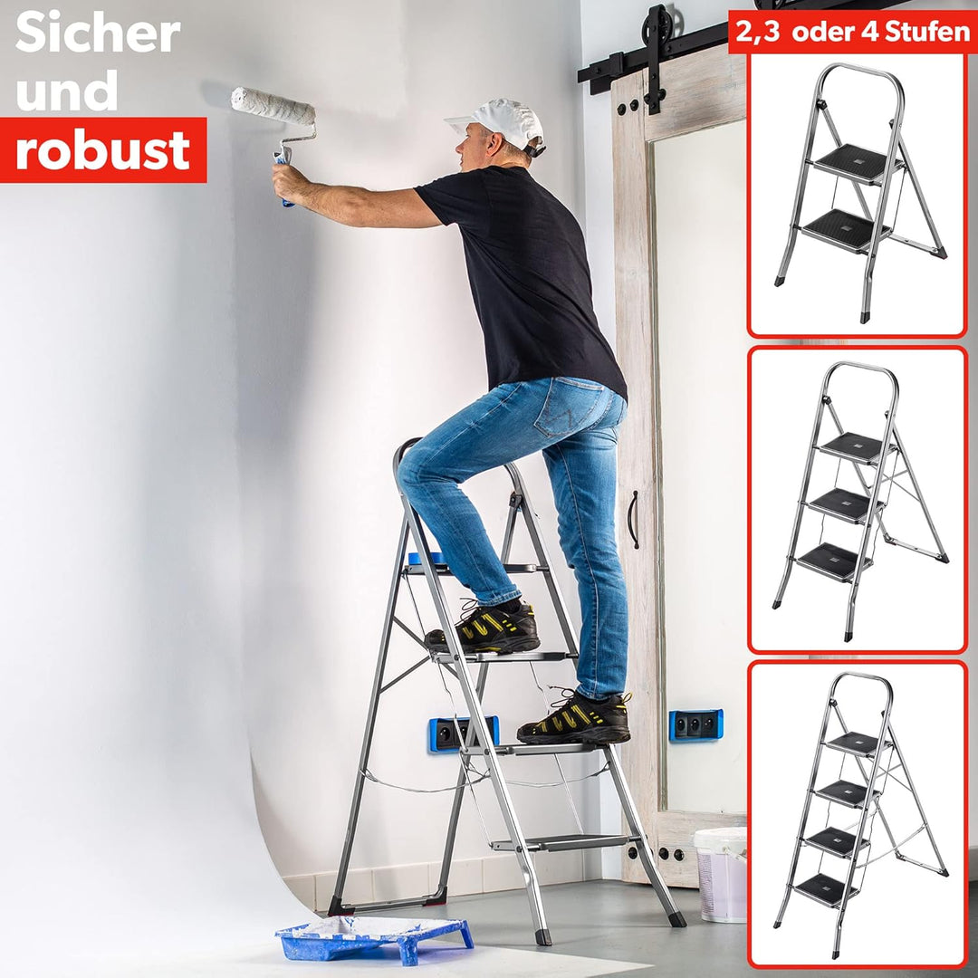 KADAX Klappleiter aus Stahl, Trittleiter mit Traglast bis 150kg, Leiter mit Klappsicherung, Handlauf