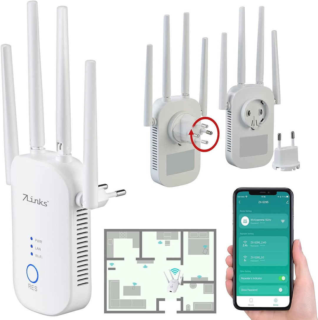 7links Dual WLAN-Repeater: Dualband-WLAN-Repeater, App ELESION, 2,4 & 5 GHz, bis 1.200 Mbit/s (Dualb