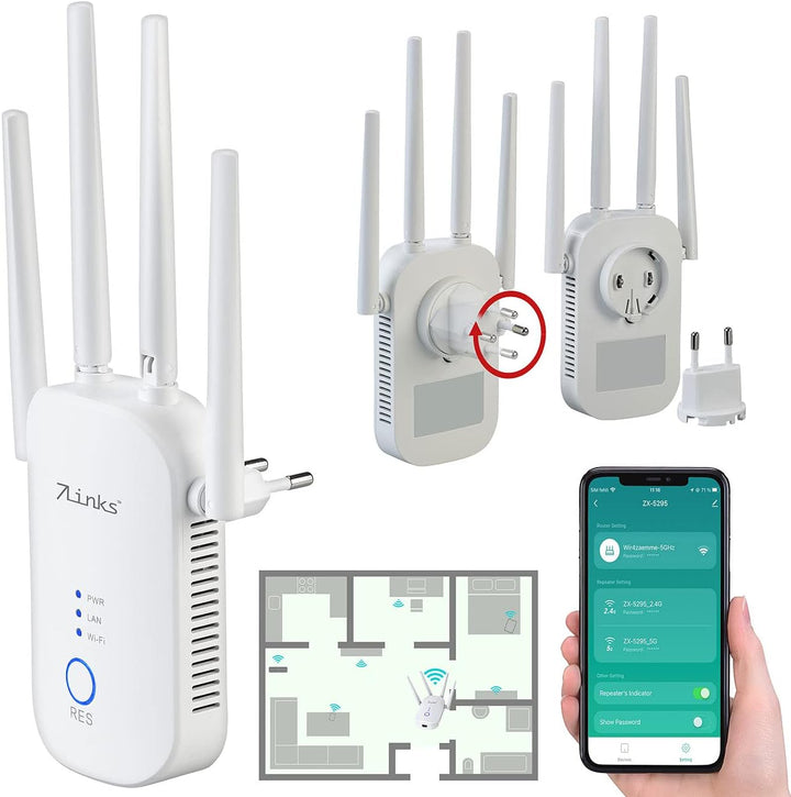 7links Dual WLAN-Repeater: Dualband-WLAN-Repeater, App ELESION, 2,4 & 5 GHz, bis 1.200 Mbit/s (Dualb