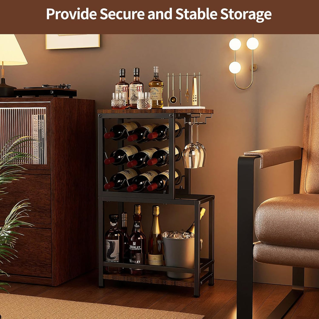 Nuovoware 3 Tier Weinregal Freistehend Boden, Weinregal Tischplatte mit Gläserhalter, Vielseitig Liq