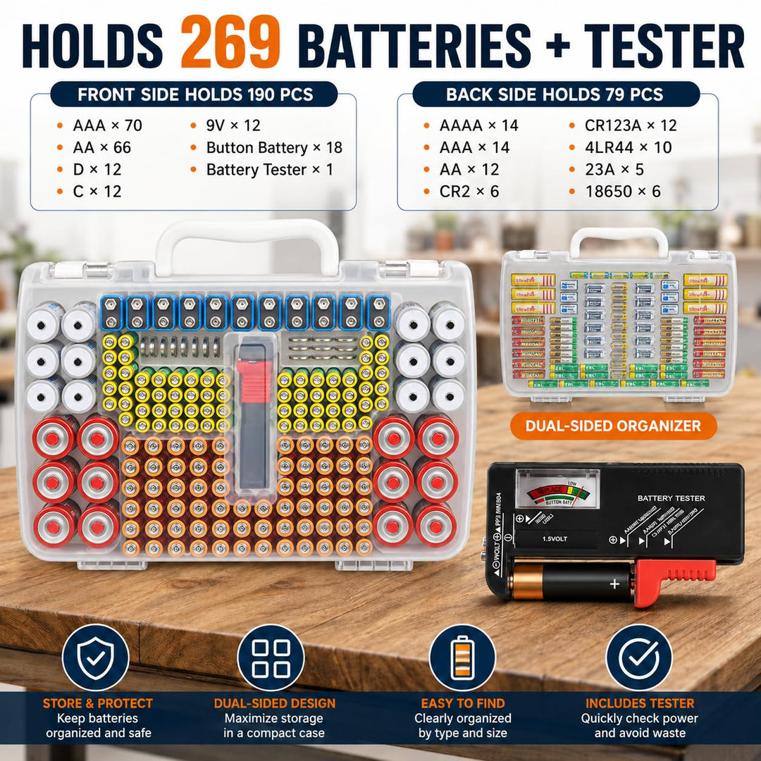 Xuerdon Batterie Aufbewahrungs Organizer mit doppelseitiger Batteriebehälter für 269 Stück AA AAA AA