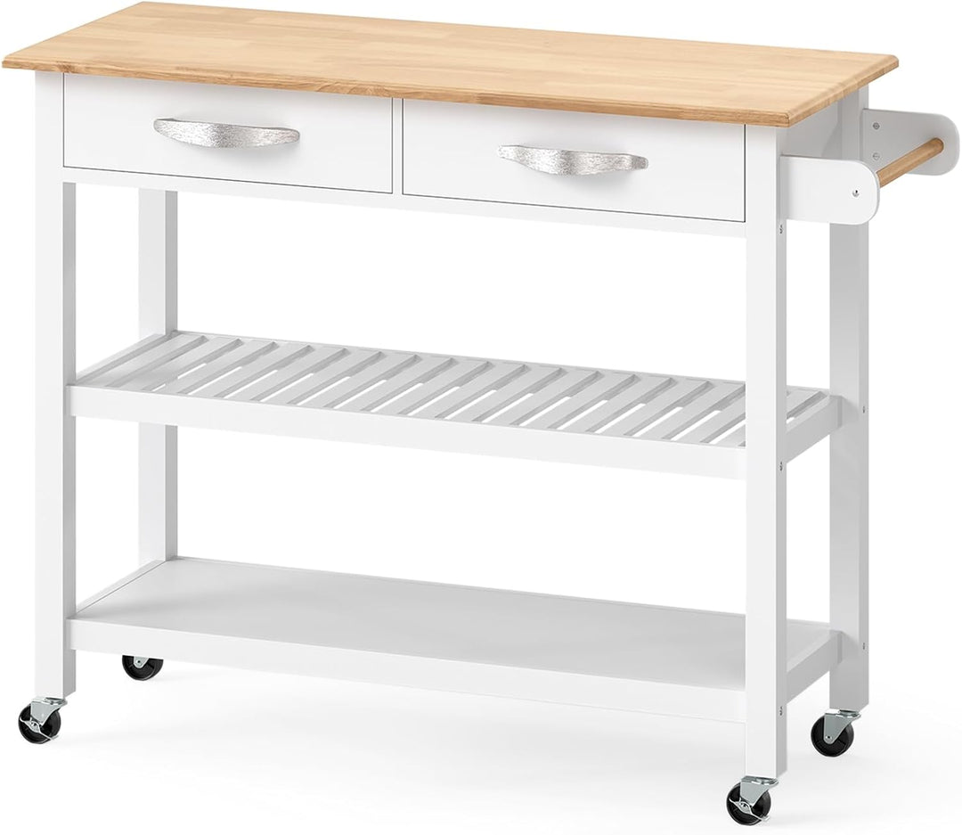 COSTWAY Küchenwagen Holz, Küchenschrank mit Rollen, Rollwagen mit Arbeitsplatte, 2 Schubladen, 2 off