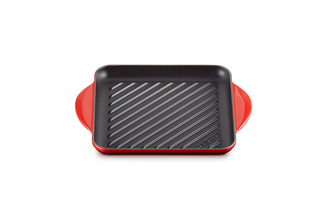 Le Creuset Quadratische Grillplatte aus Gusseisen mit Hilfsgriff, 24 cm, Kirschrot, 20205240600460,
