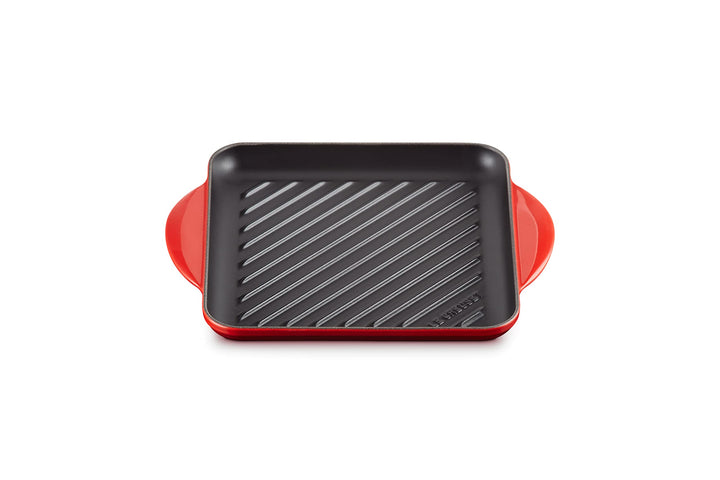 Le Creuset Quadratische Grillplatte aus Gusseisen mit Hilfsgriff, 24 cm, Kirschrot, 20205240600460,