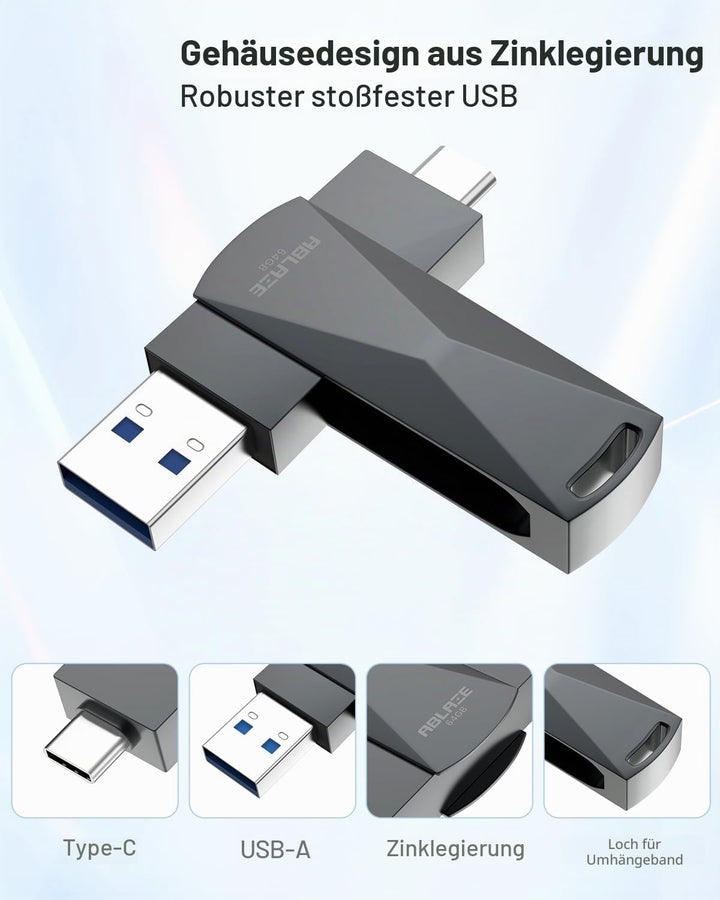 ABLAZE 256 GB USB C Stick, Dual USB 3.0 + Typ C, kompatibel mit iPhone 16/15, Android-Smartphones, C