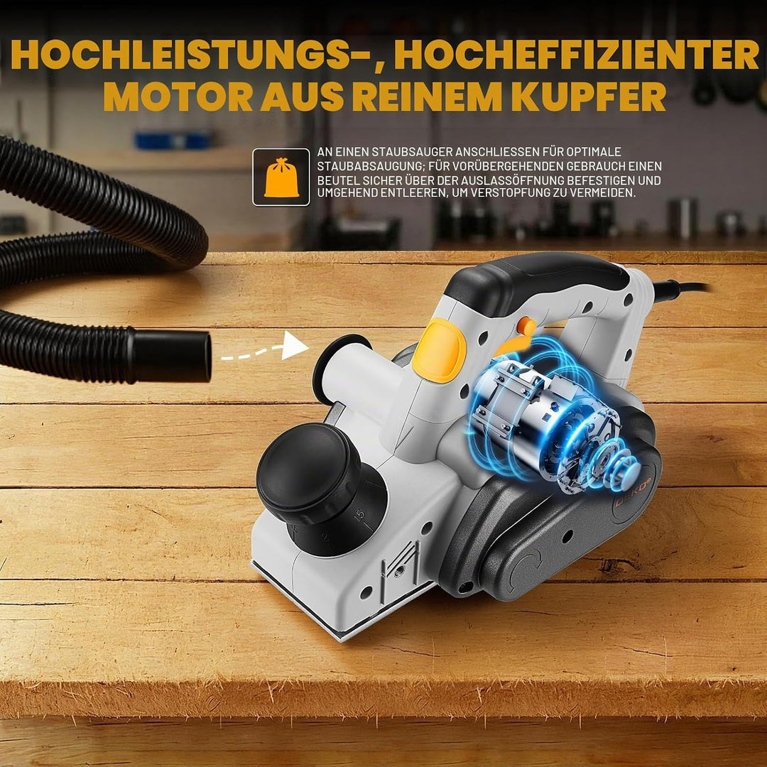 DEKOPRO 800W Elektrischer Handhobel Hobel, 16000 U/min Holzhobel, 82mm Hobelschneidenbreite &amp; 3mm Ti