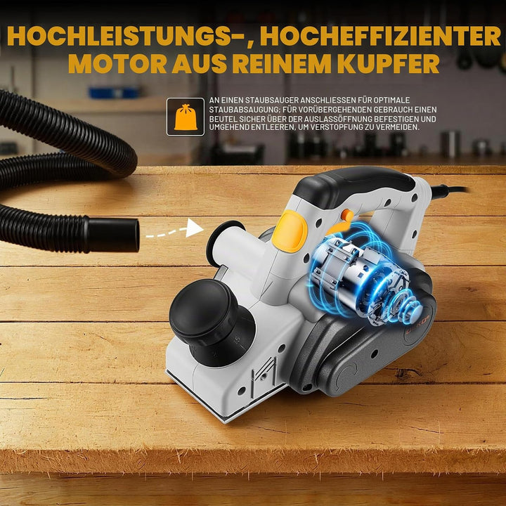 DEKOPRO 800W Elektrischer Handhobel Hobel, 16000 U/min Holzhobel, 82mm Hobelschneidenbreite &amp; 3mm Ti