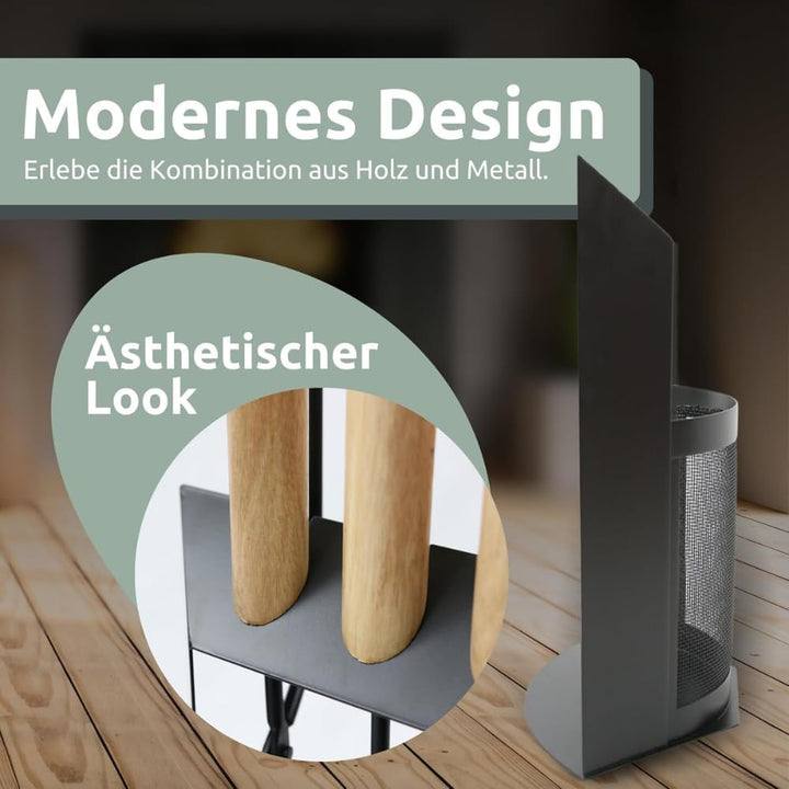Kaminbesteck modern THEO | 6-teilig mit Holzgriff | Schürhaken Besen Ascheschaufel | Kamingarnitur S