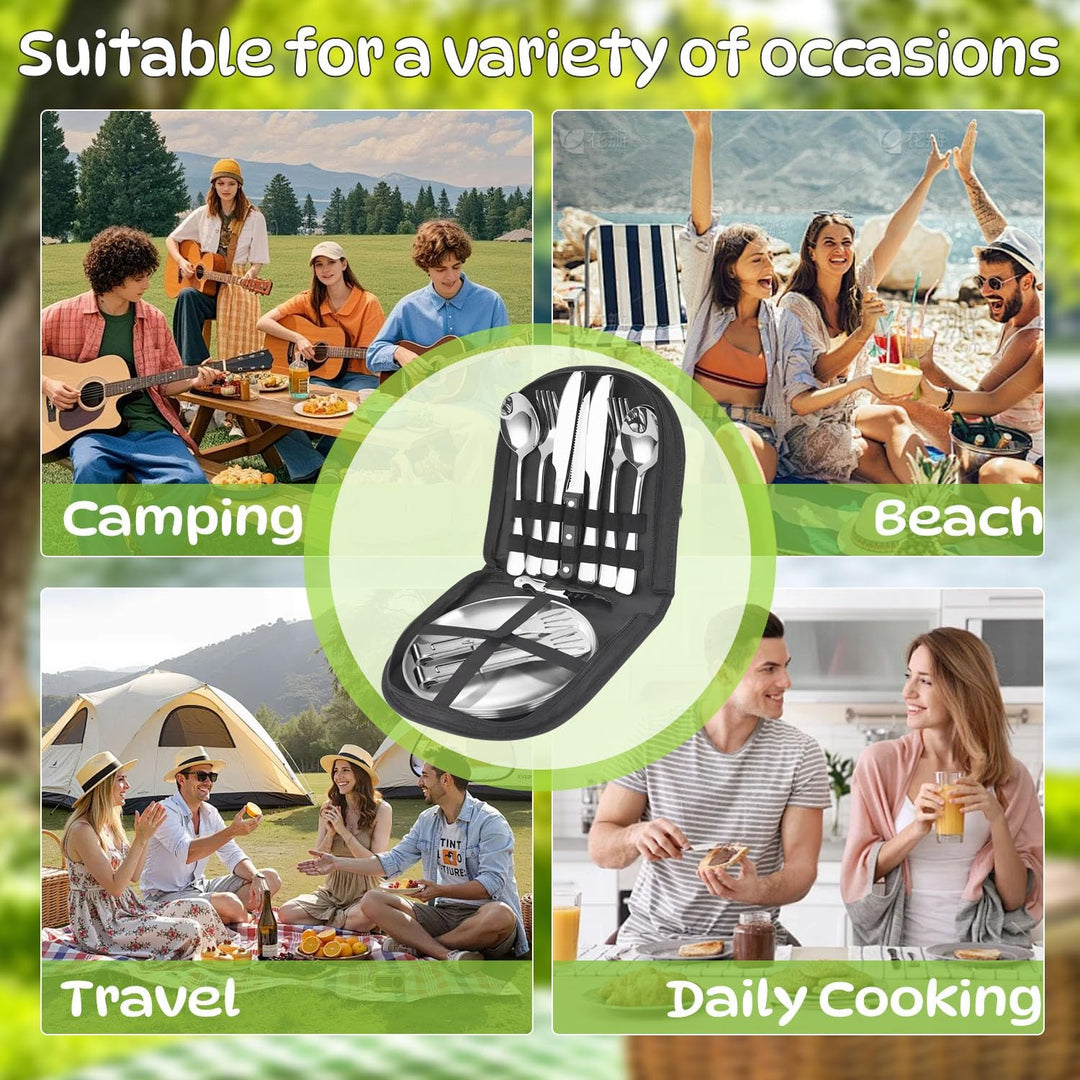 Camping Geschirr Set, Camping Besteck Edelstahl Inklusive Bestecktasche Edelstahl-Gabeln, Messer und